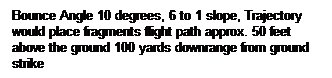 Text Box: Bounce Angle 10 degrees, 6 to 1 slope, Trajectory would place fragments flight path approx. 50 feet above the ground 100 yards downrange from ground strike
